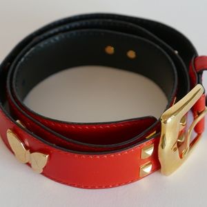 Escada Cherry Red Leather Belt w/ Gold Butterflies